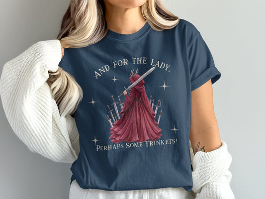 Dark t-shirt with text and illustration of a robed figure holding a sword.