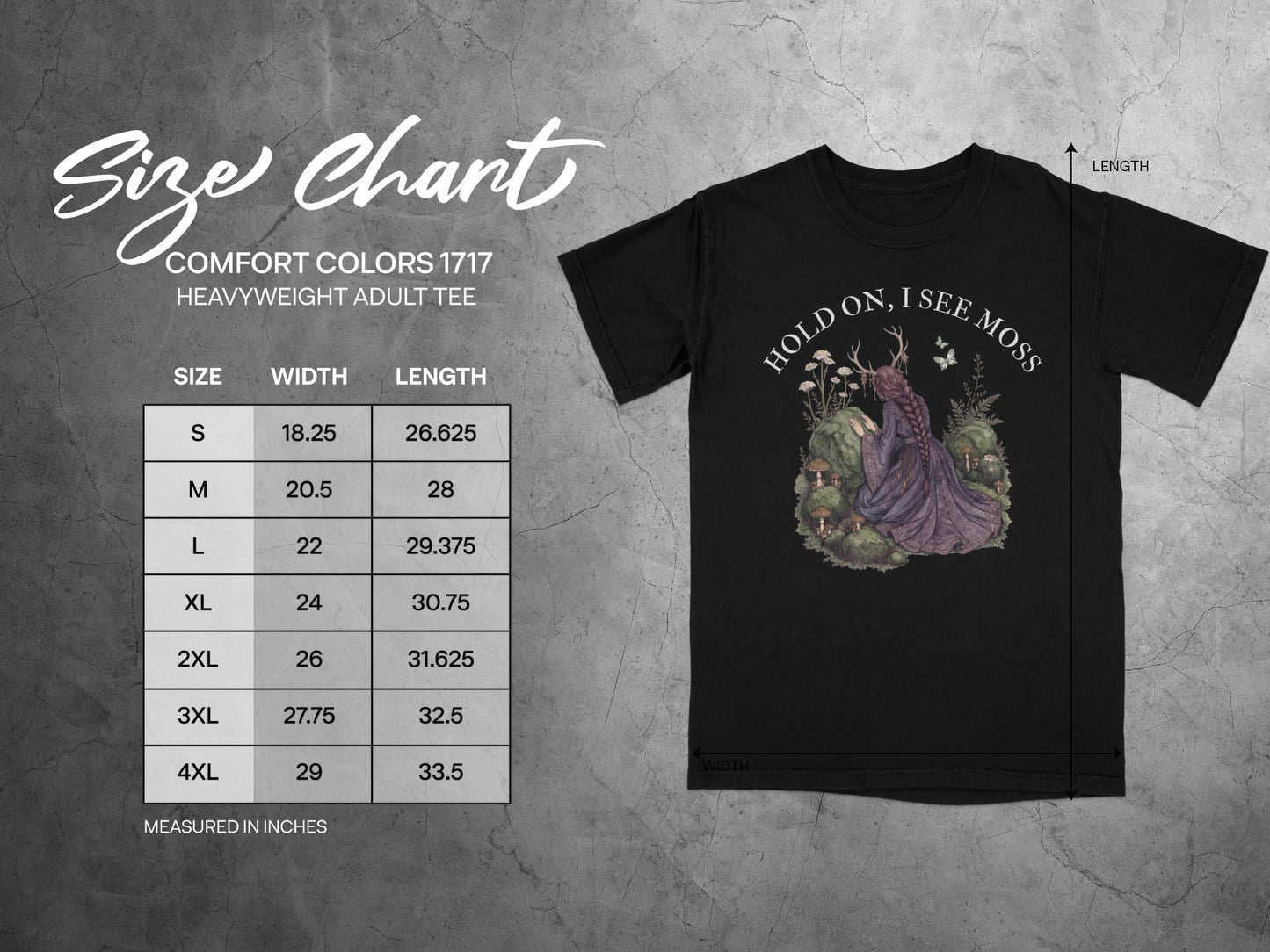 Size chart for a Comfort Colors 1717 heavyweight adult tee with measurements.