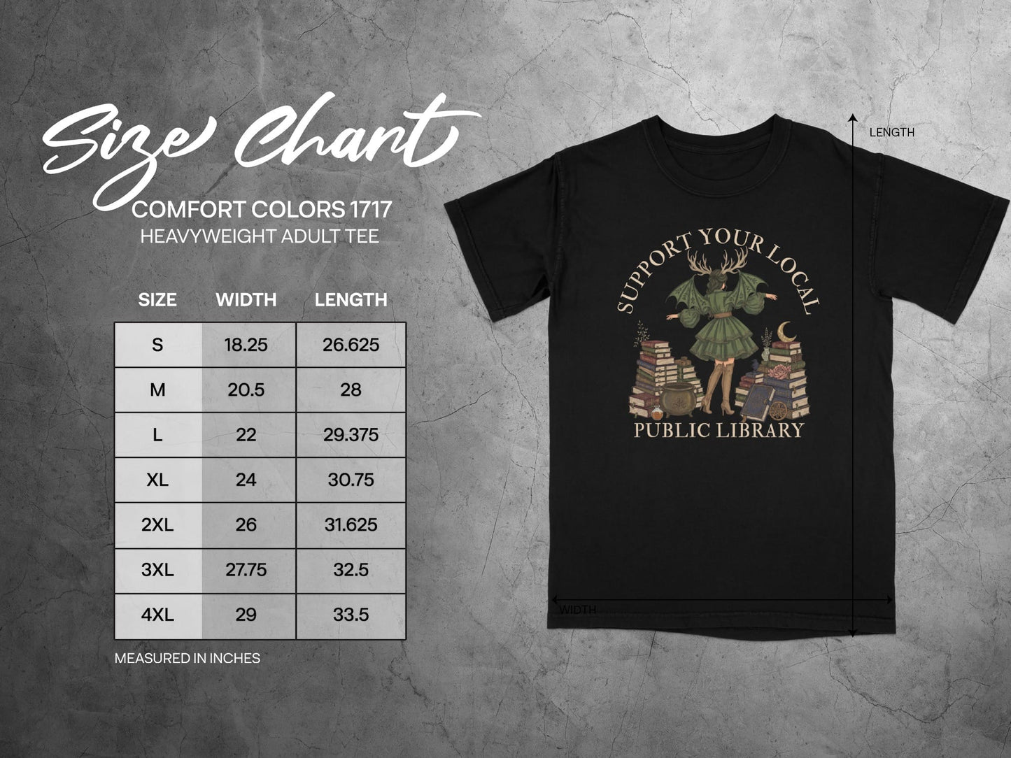 Size chart for Comfort Colors 1717 heavyweight adult tee with graphic.