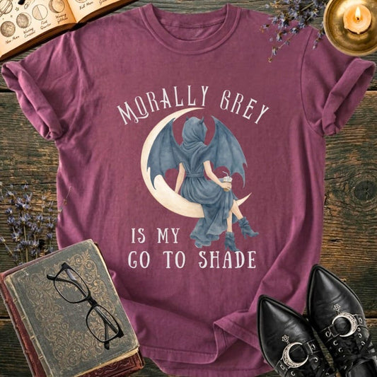T-shirt with "MORALLY GREY IS MY GO TO SHADE" text and crescent moon demon woman.