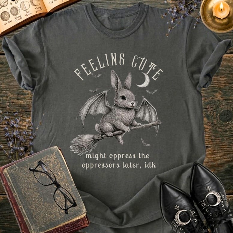 Dark grey t-shirt with a bat-winged bunny on a broomstick and text.