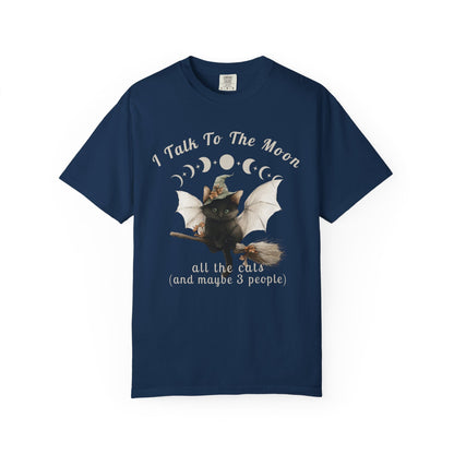 Black cat in witch hat flying on broomstick with text "I Talk To The Moon all the cats".