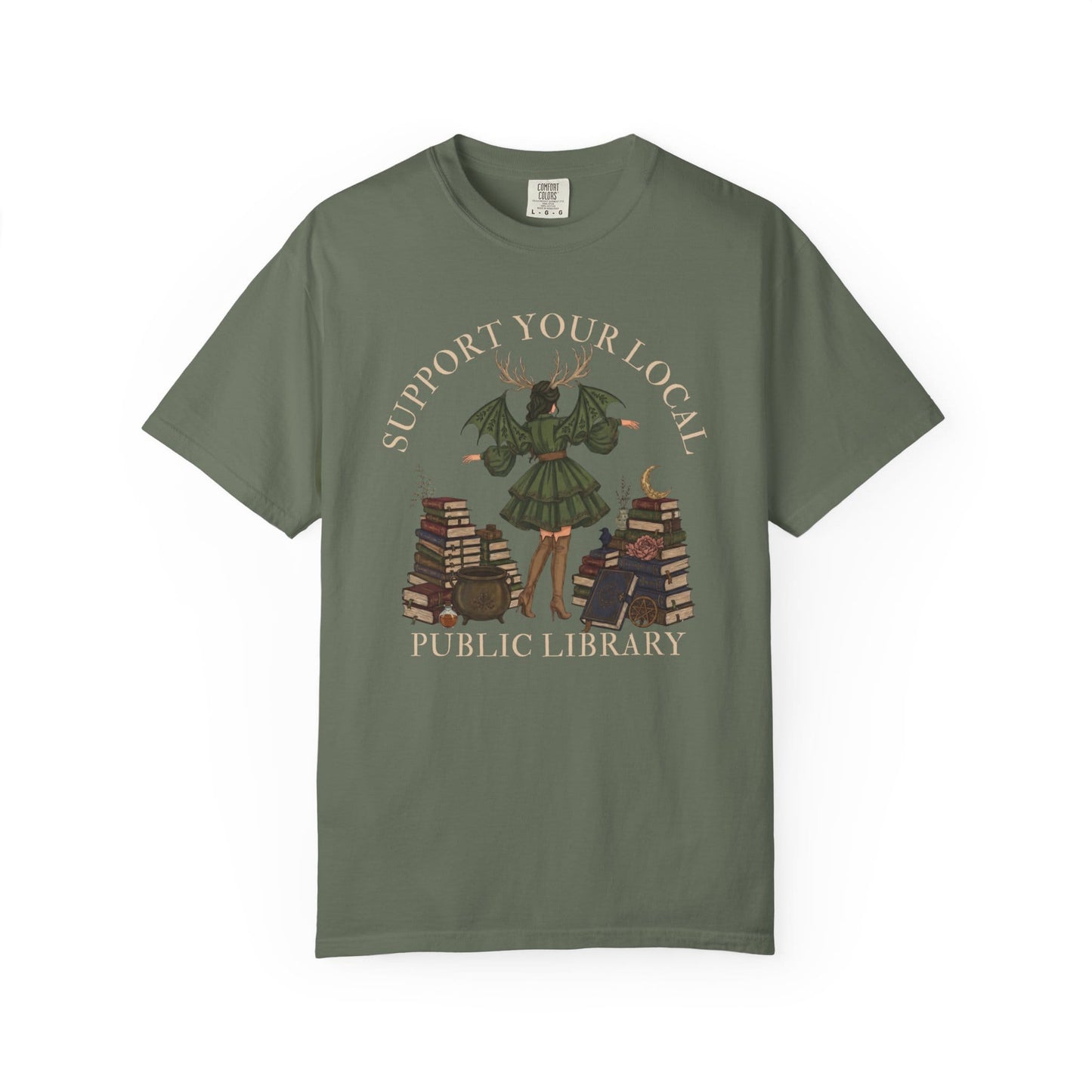 Support your local public library graphic on a green t-shirt.