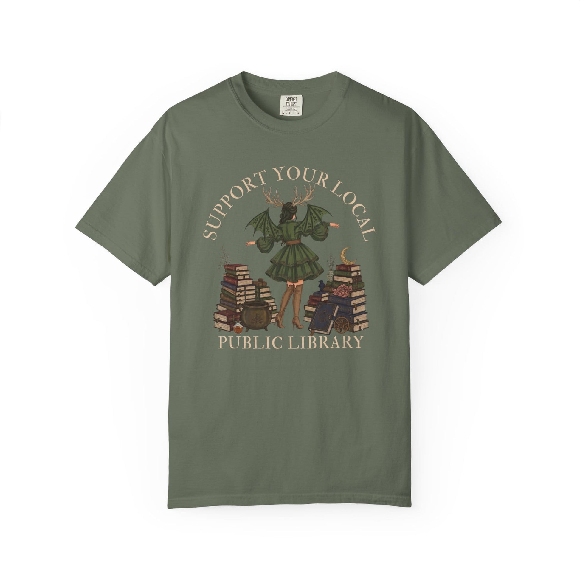 Support your local public library graphic on a green t-shirt.