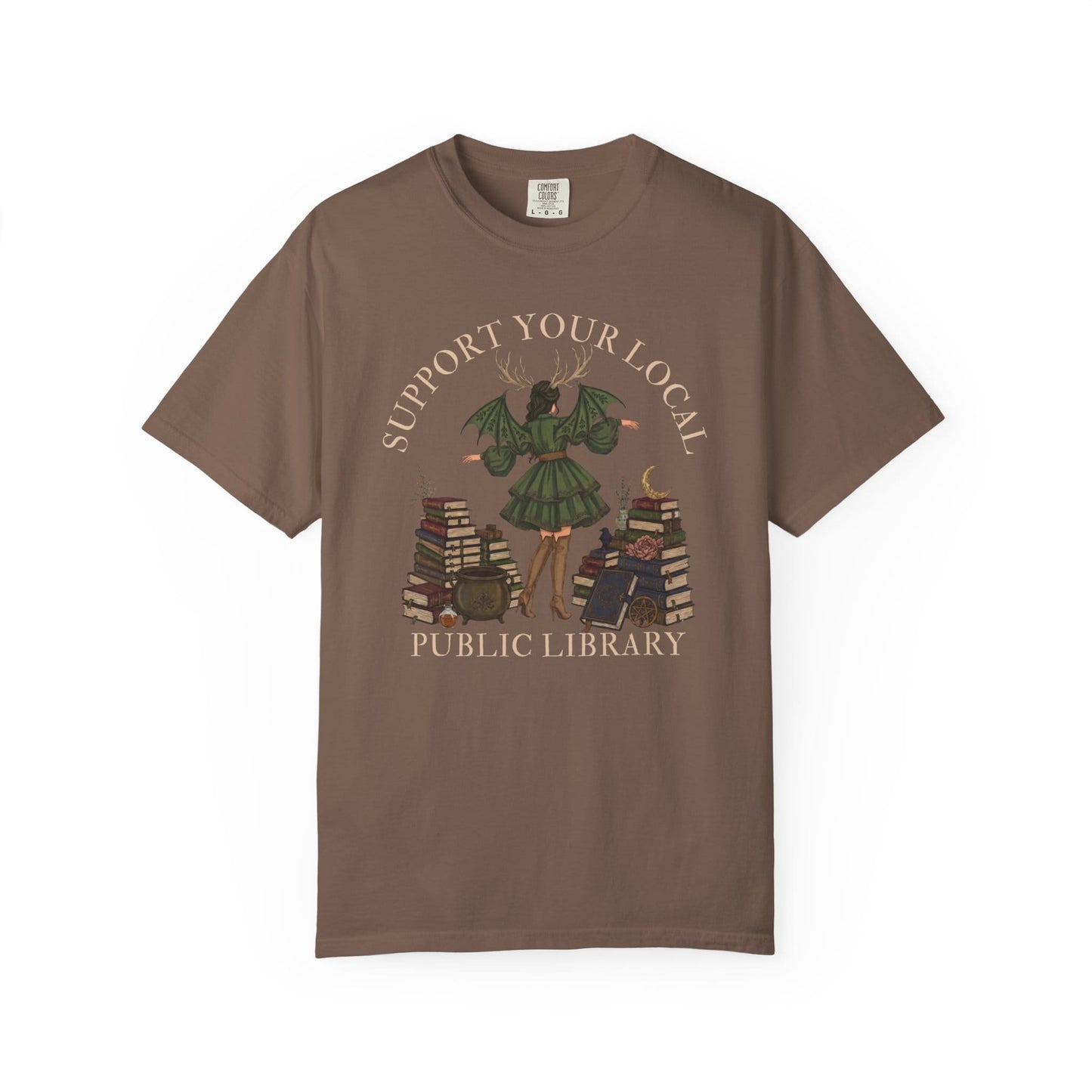 Brown t-shirt with "Support Your Local Public Library" text and fantasy art.