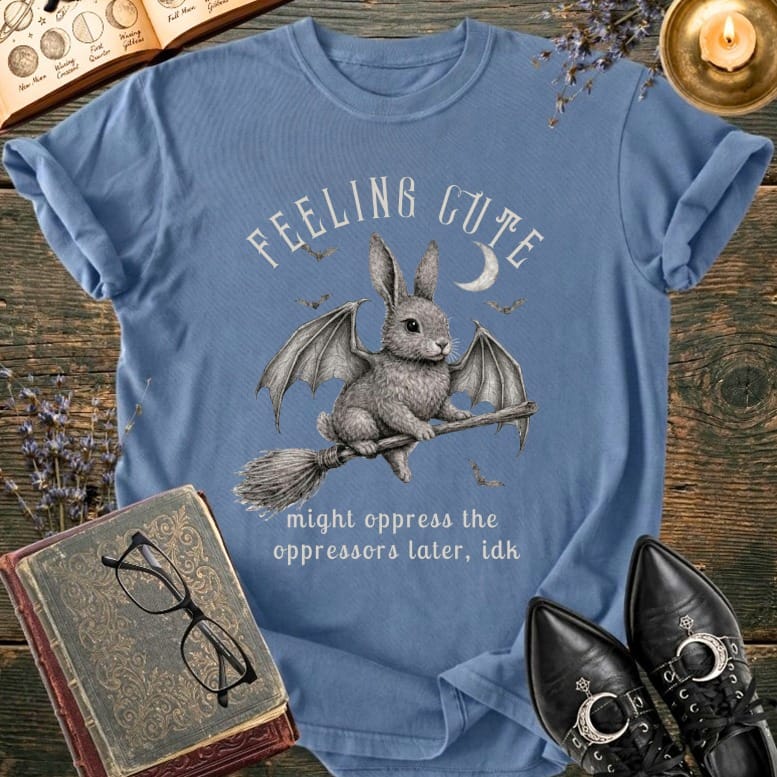 Blue t-shirt with bunny on broomstick and "Feeling Cute" text.