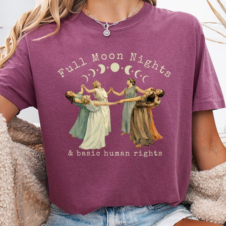 T-shirt with "Full Moon Nights & basic human rights" text and women holding hands.