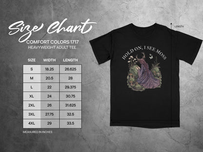 Size chart for Comfort Colors 1717 heavyweight adult tee.