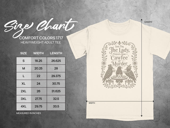 Size chart table with width and length measurements next to a graphic t-shirt displaying crows drinking coffee.