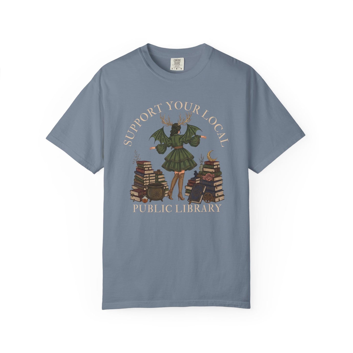Graphic with witch and books, "Support Your Local Public Library."