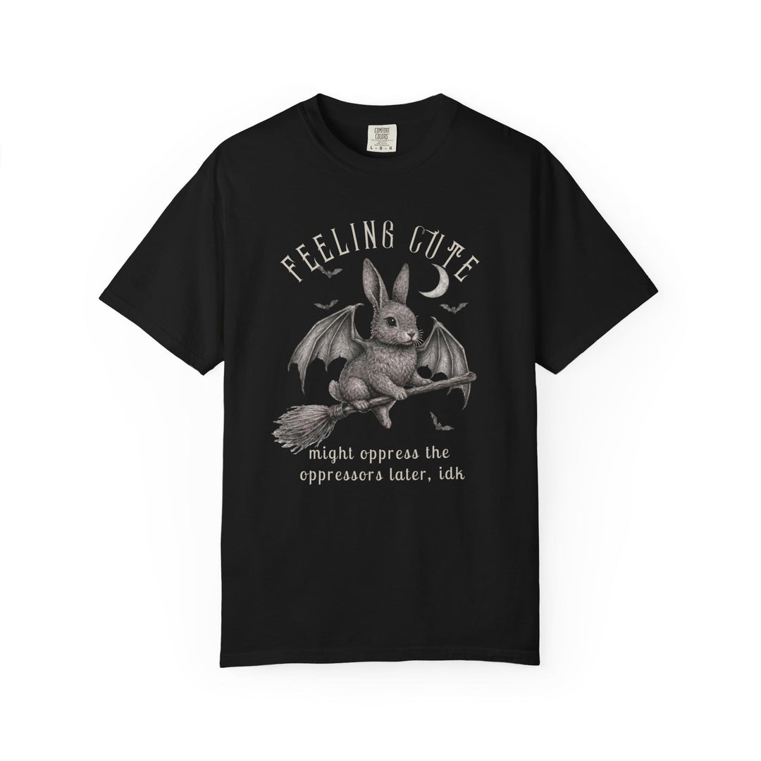 Black t-shirt with a gothic bunny on a broom, "Feeling Cute" text.