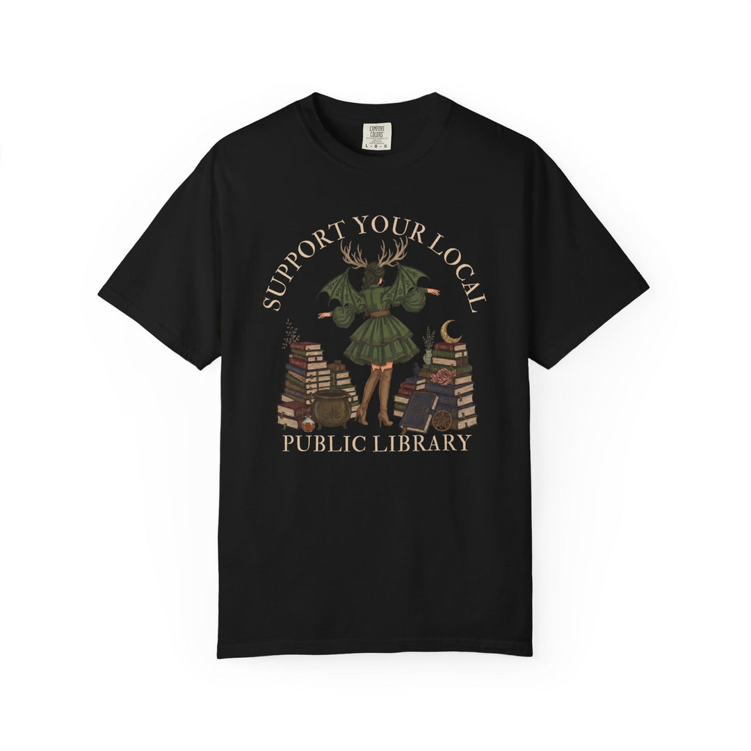 Black t-shirt with "Support Your Local Public Library" text and mystical illustrations.