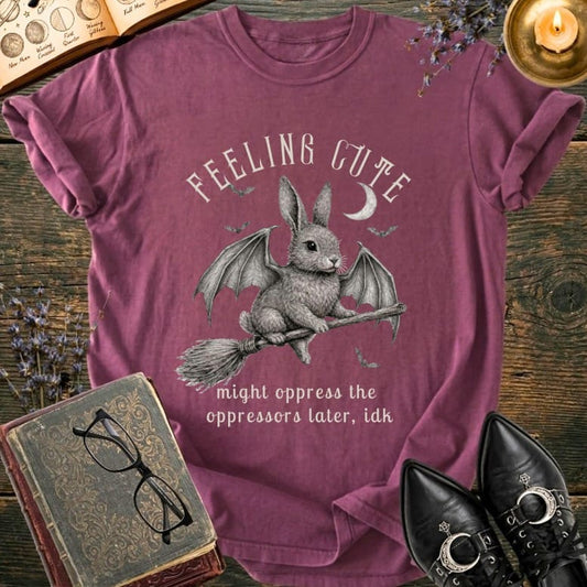 Bunny with wings on broom, "Feeling cute might oppress the oppressors later, idk".