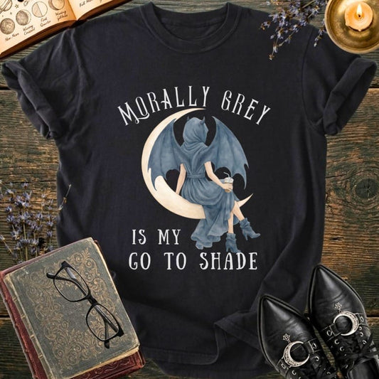 "Morally Grey is My Go To Shade" text on t-shirt with moon-sitting figure.