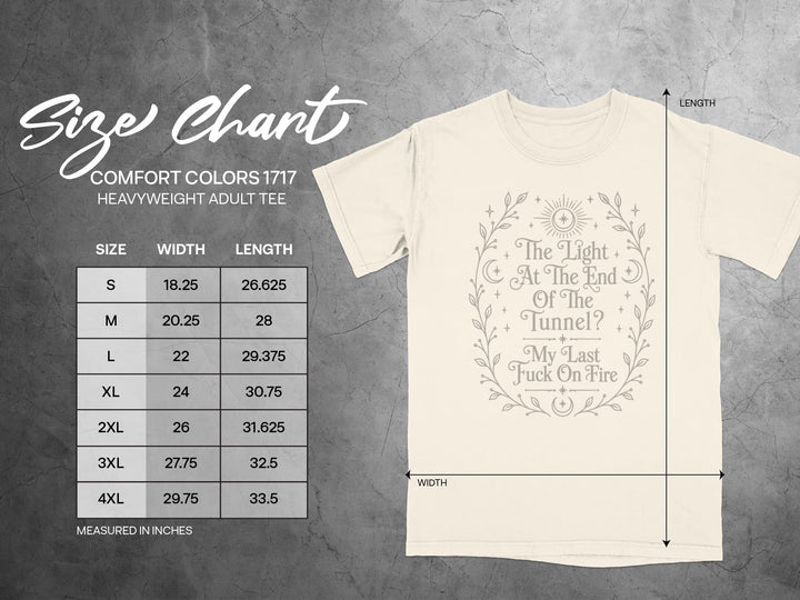 Comfort Colors 1717 adult tee size chart with width and length measurements in inches.