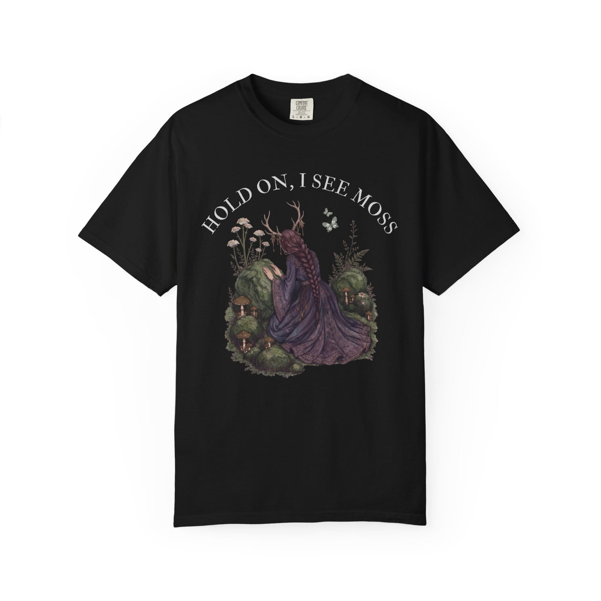 Black t-shirt with a mystical illustration of a woman with antlers and moss.