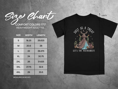Comfort Colors 1717 size chart with t-shirt graphic.