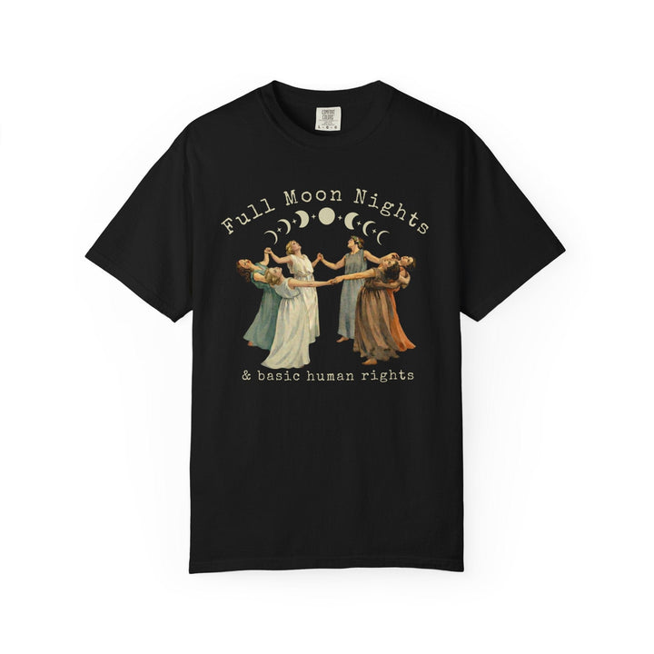 Black t-shirt with Full Moon Nights & basic human rights graphic.