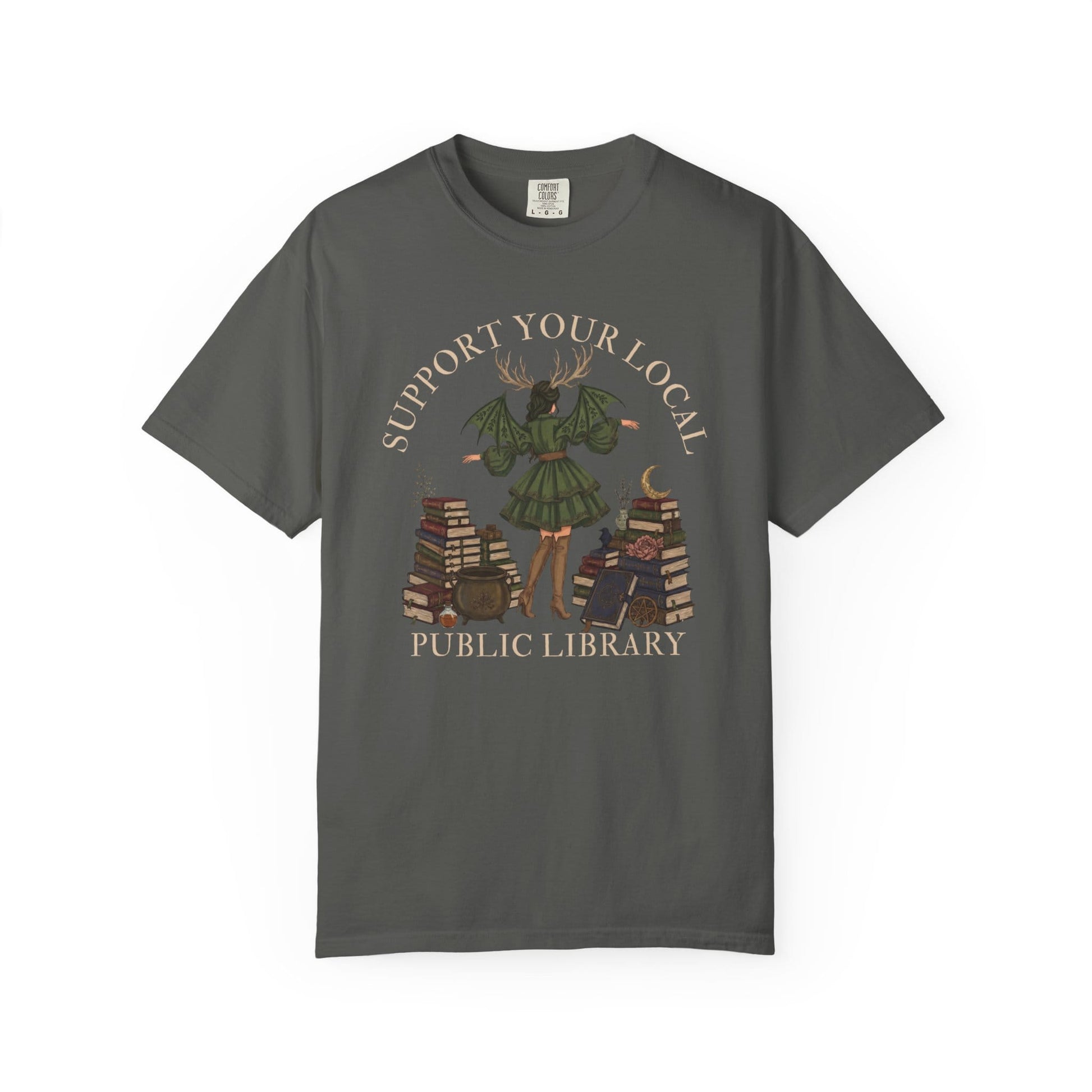 T-shirt graphic: winged figure holding books, labeled "Support Your Local Public Library".