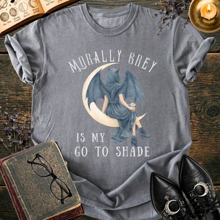 Grey t-shirt with moon creature saying "Morally Grey is My Go To Shade".
