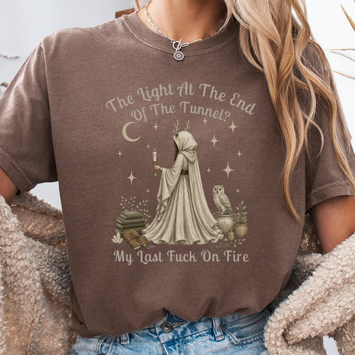 T-shirt with occult graphic: "The Light At The End Of The Tunnel? My Last Fuck On Fire."