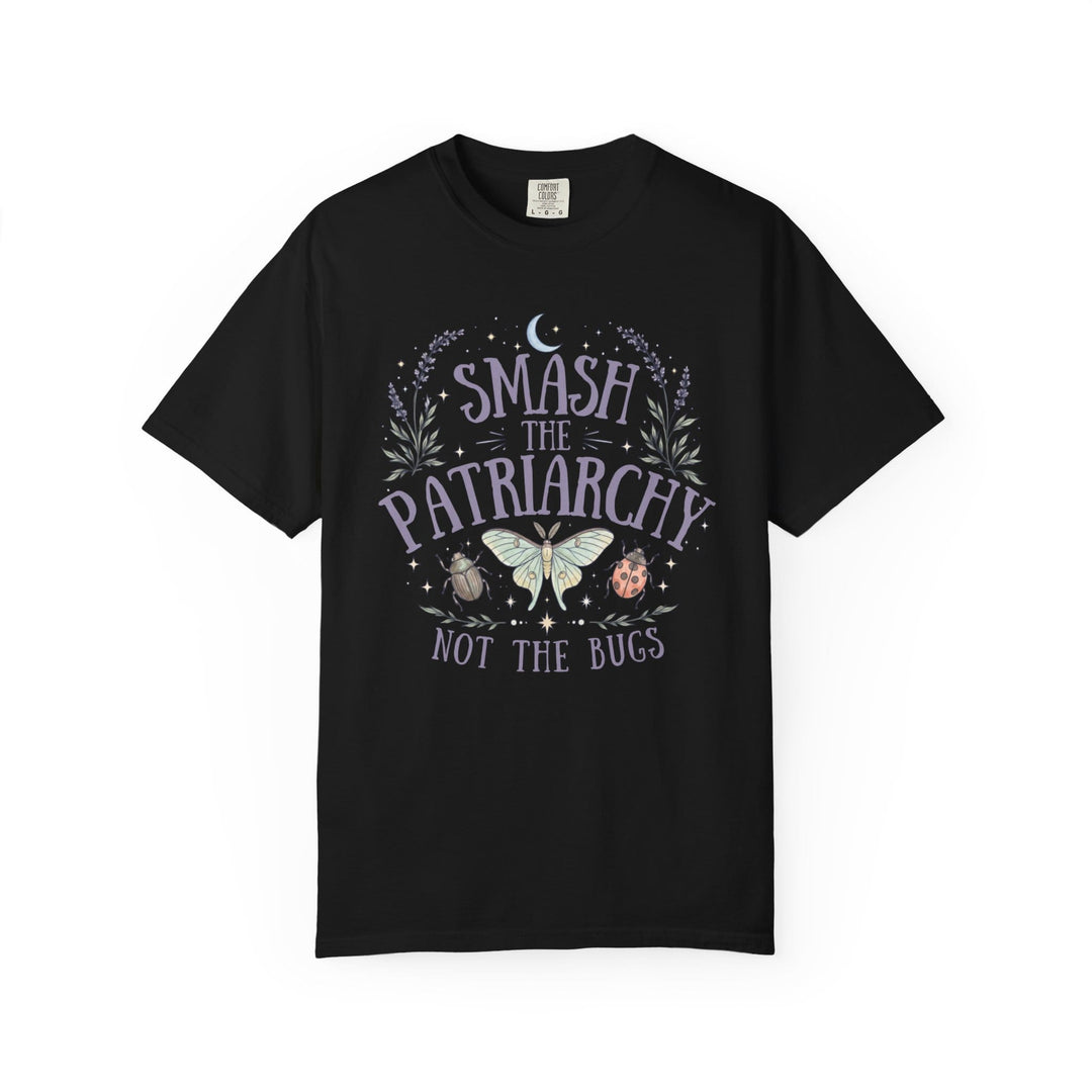 Black t-shirt with "Smash the Patriarchy Not the Bugs" text and insect graphics.