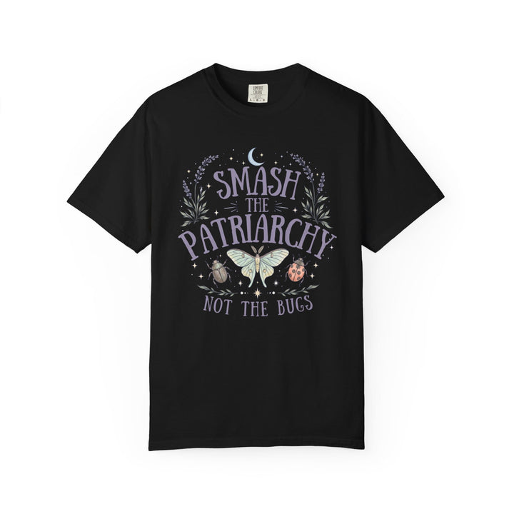 Black t-shirt with "Smash the Patriarchy Not the Bugs" text and insect graphics.