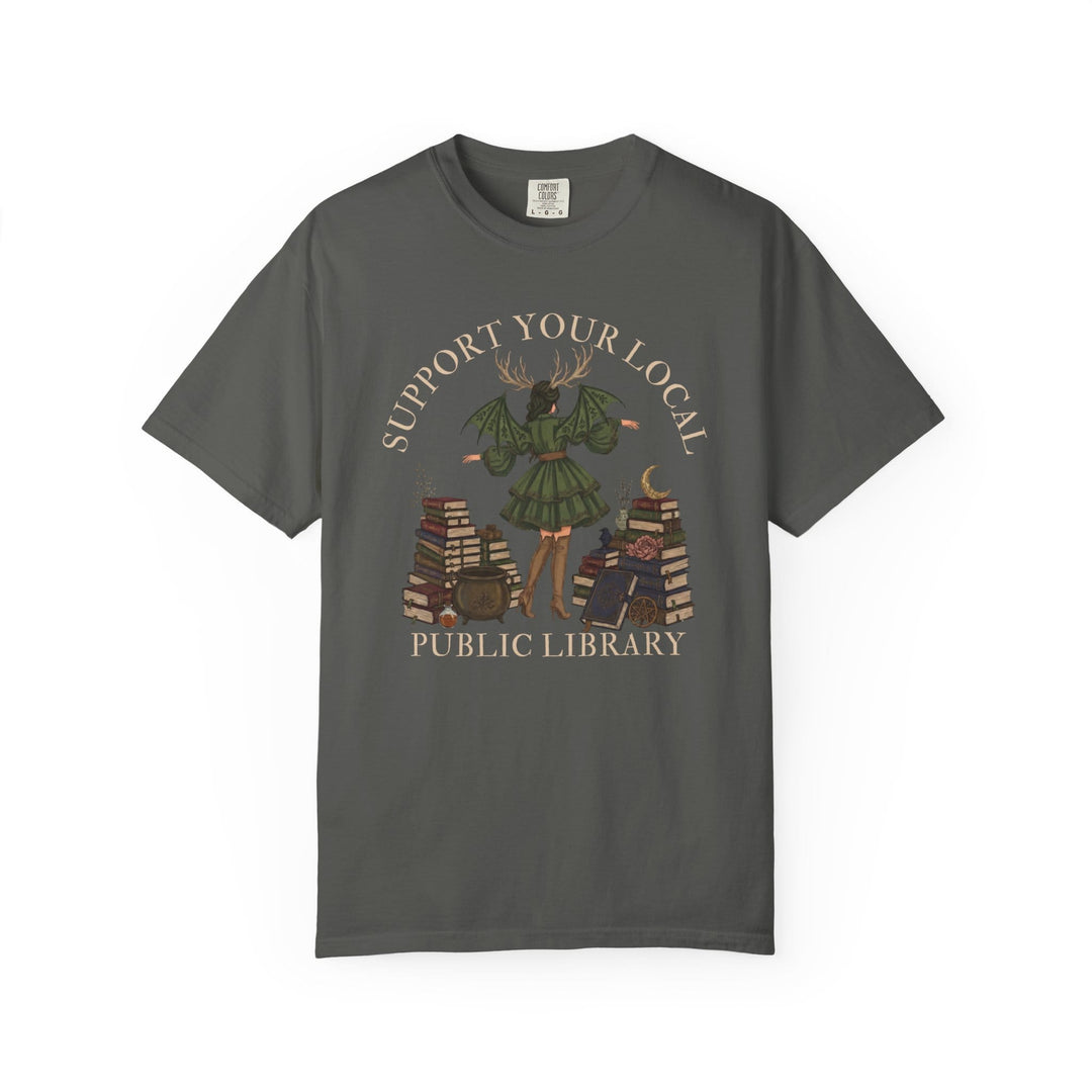 T-shirt graphic with text "Support Your Local Public Library" and mystical elements.