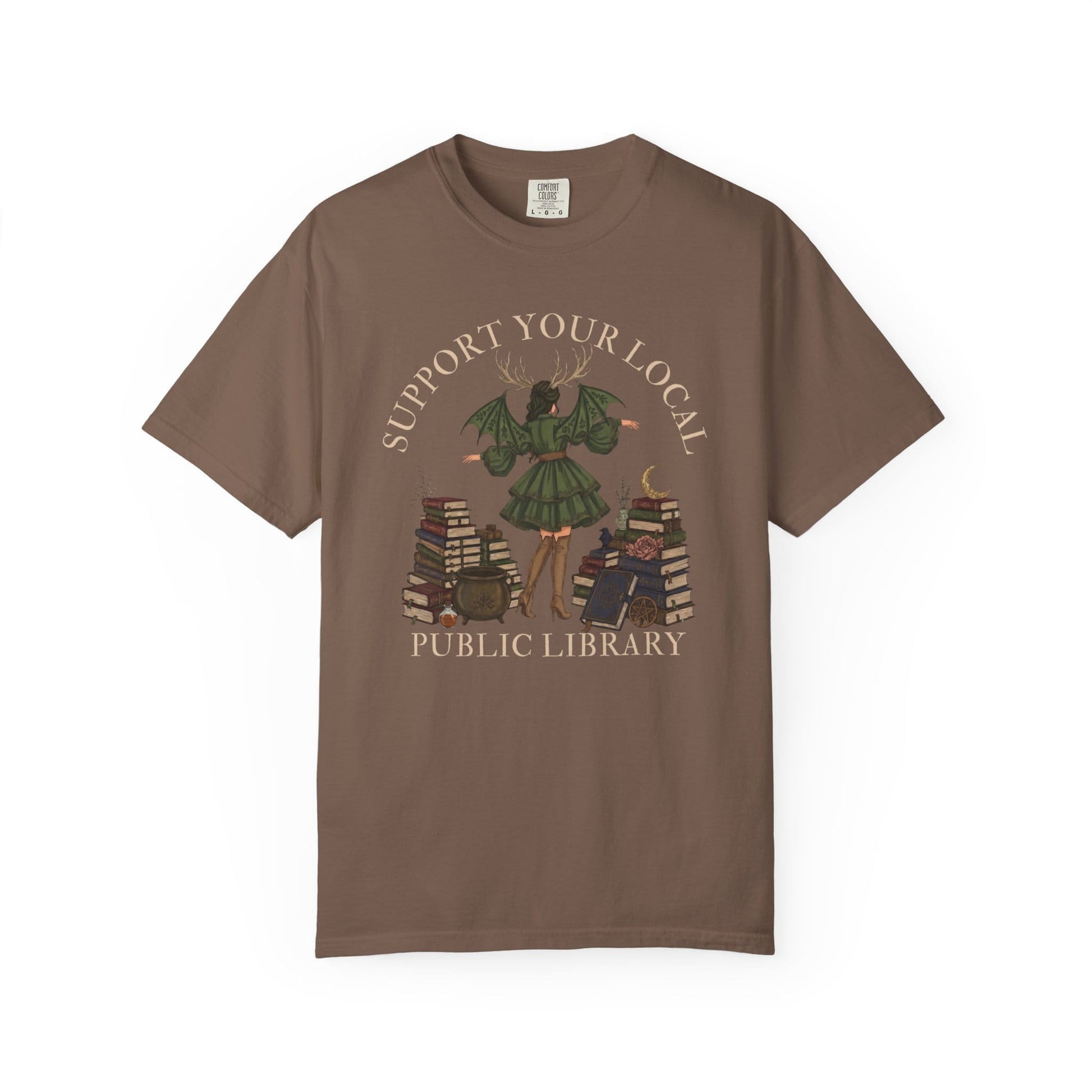 Woman with wings and green dress surrounded by books, text reads "Support your local public library".