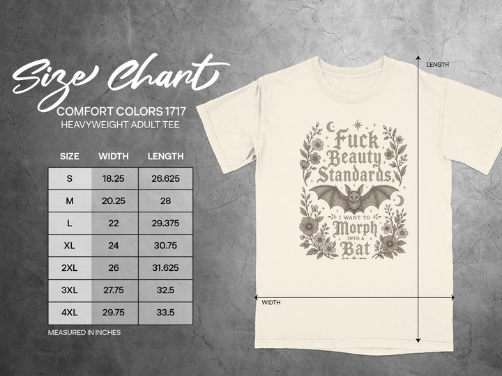 Size chart for Comfort Colors 1717 heavyweight adult tee with graphic.