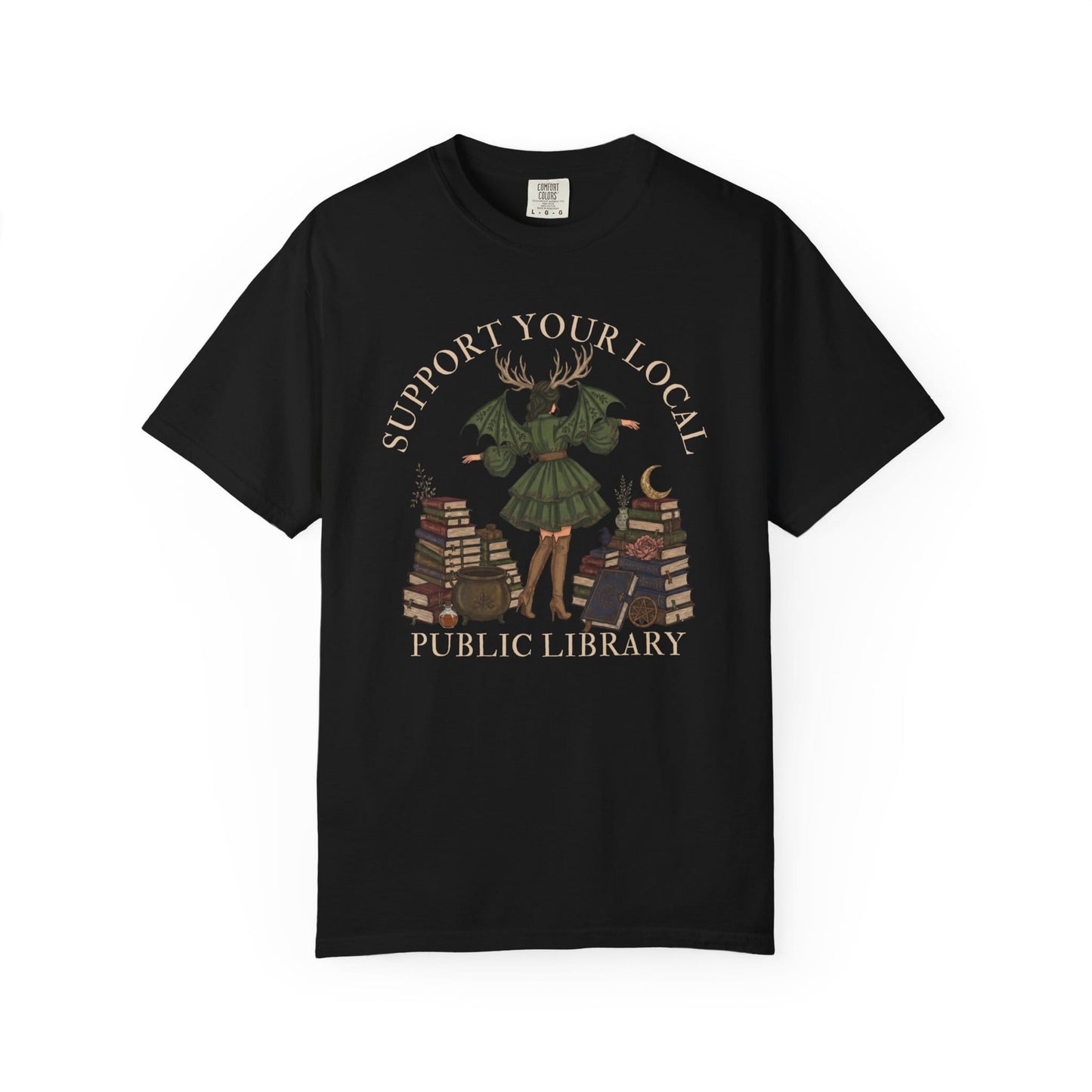 Black t-shirt with "Support Your Local Public Library" text and a witch.