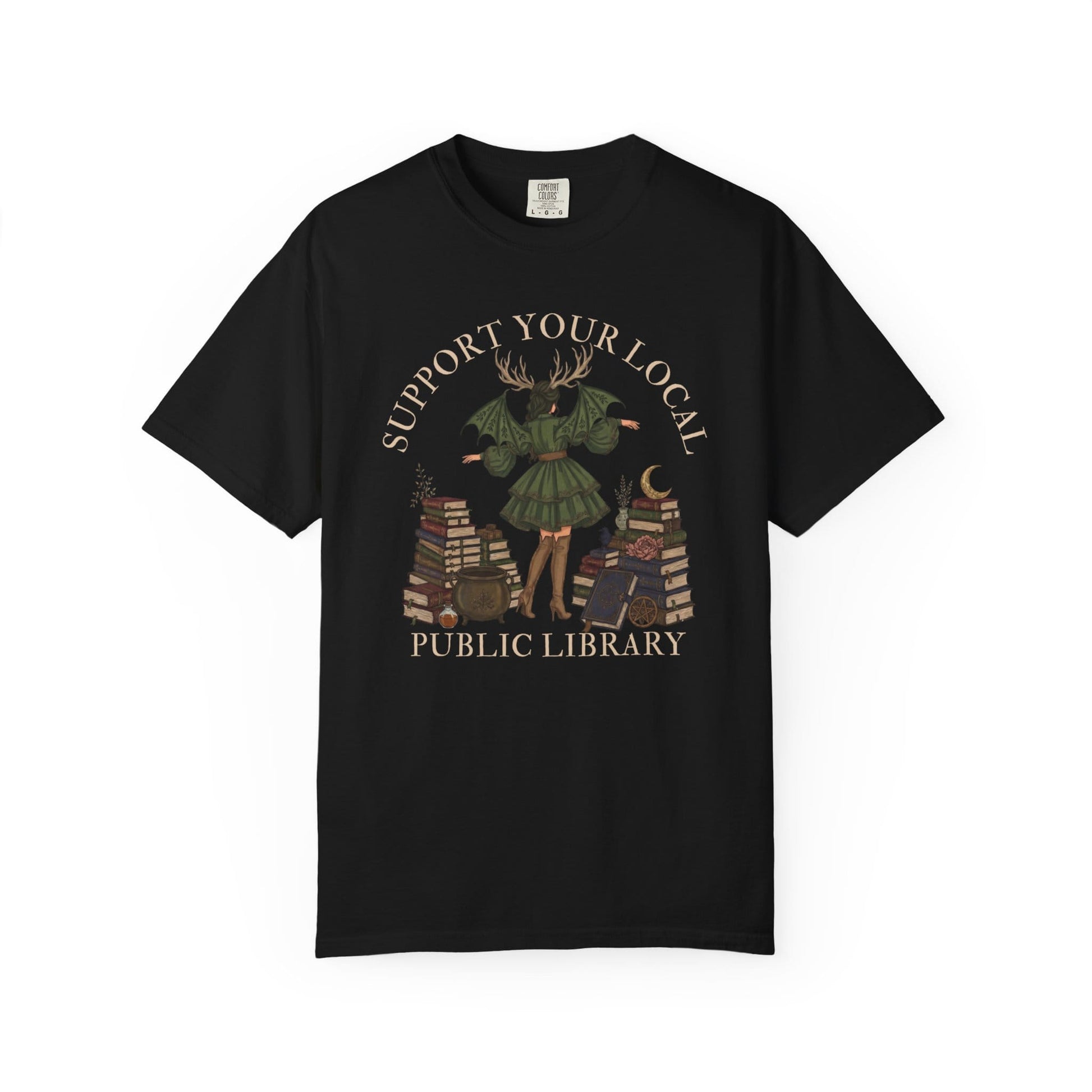 Black t-shirt with "Support Your Local Public Library" text and a witch.